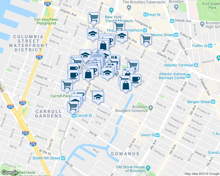 map of restaurants, bars, coffee shops, grocery stores, and more near 126 Douglass Street in Brooklyn