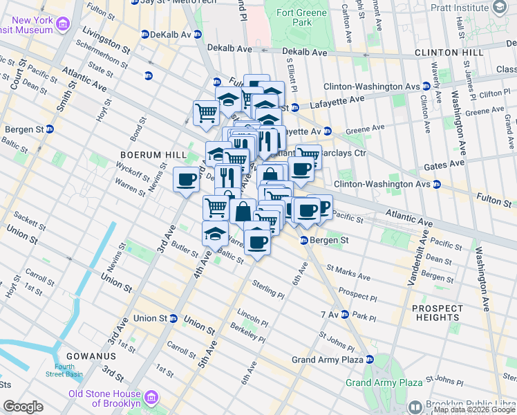 map of restaurants, bars, coffee shops, grocery stores, and more near 404 Dean Street in Brooklyn