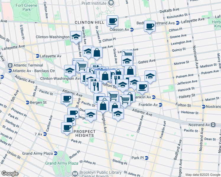 map of restaurants, bars, coffee shops, grocery stores, and more near 983 Fulton Street in Brooklyn