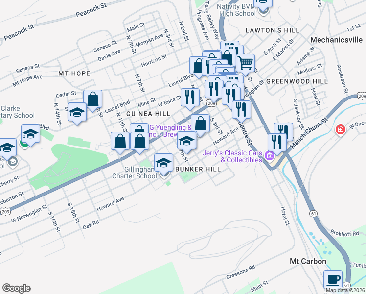 map of restaurants, bars, coffee shops, grocery stores, and more near 512 Mahantongo Street in Pottsville