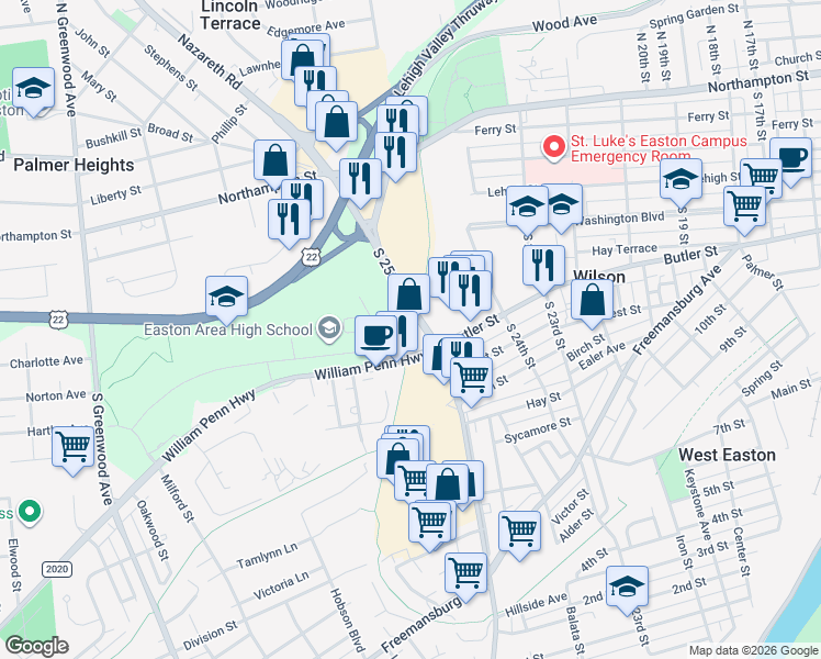 map of restaurants, bars, coffee shops, grocery stores, and more near in Wilson