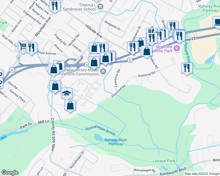 map of restaurants, bars, coffee shops, grocery stores, and more near 50 Lawrence Road in Springfield