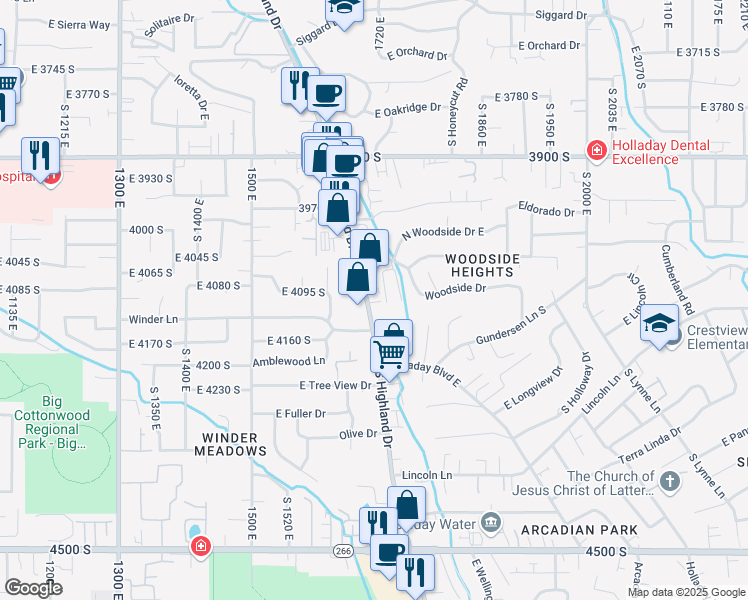 map of restaurants, bars, coffee shops, grocery stores, and more near 4097 South Highland Drive in Holladay