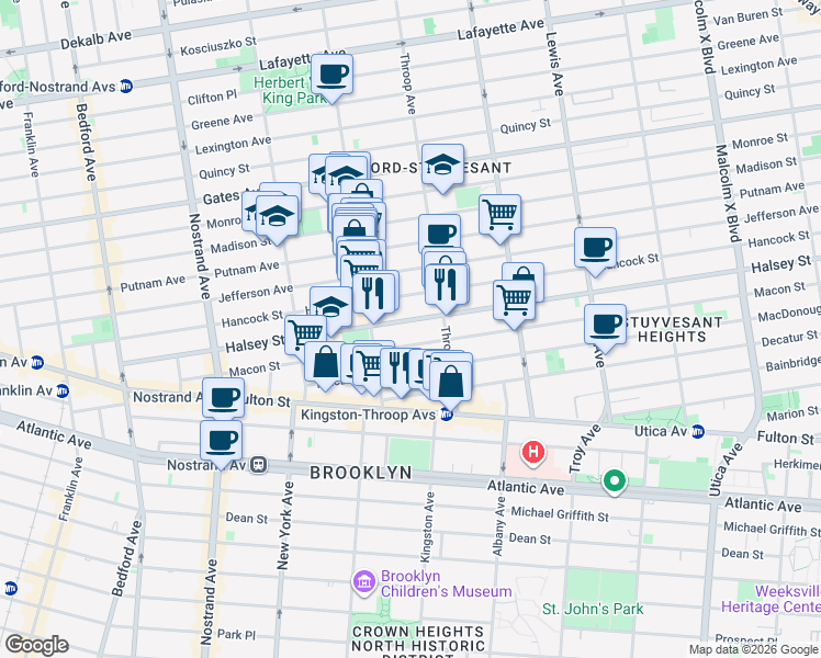 map of restaurants, bars, coffee shops, grocery stores, and more near 292 Halsey Street in Brooklyn