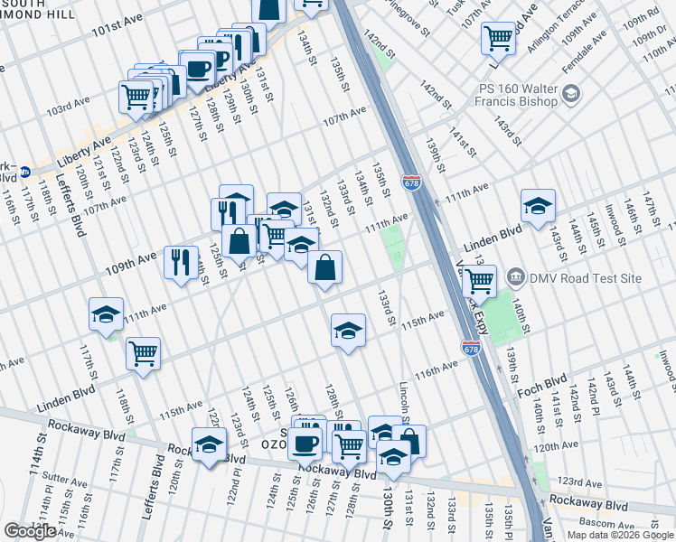 map of restaurants, bars, coffee shops, grocery stores, and more near 111-16 132nd Street in Queens