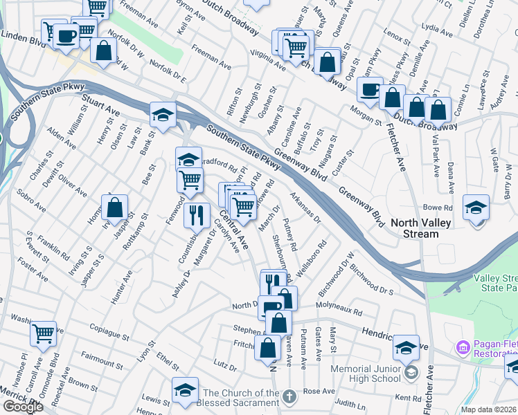 map of restaurants, bars, coffee shops, grocery stores, and more near 24 Marlowe Road in Valley Stream
