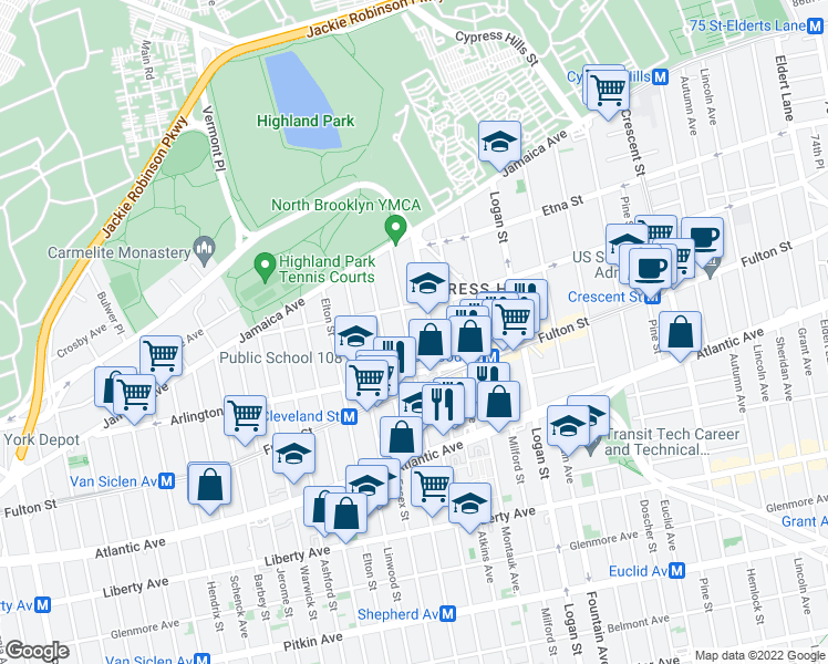 map of restaurants, bars, coffee shops, grocery stores, and more near 101 Shepherd Avenue in Brooklyn
