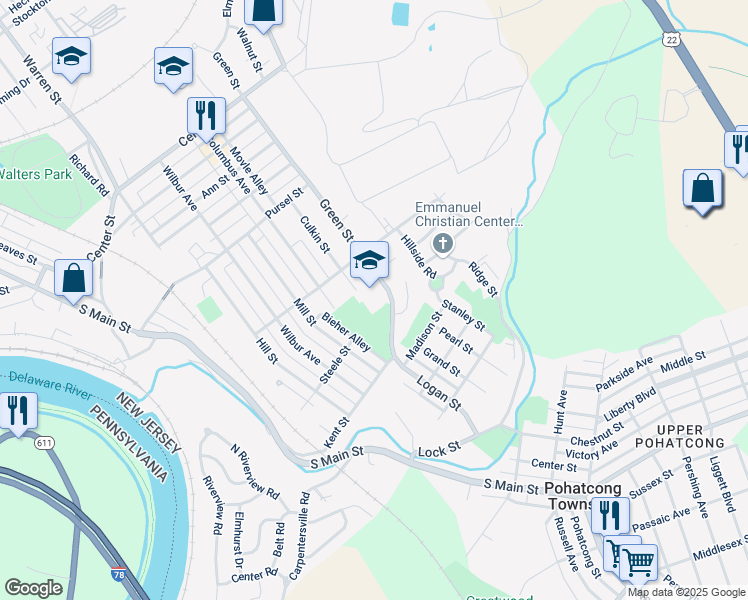 map of restaurants, bars, coffee shops, grocery stores, and more near 1000 Green Street in Phillipsburg