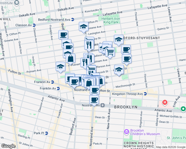 map of restaurants, bars, coffee shops, grocery stores, and more near 148 Hancock Street in Brooklyn