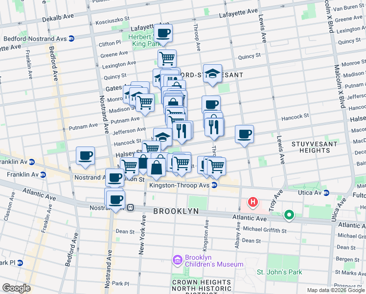 map of restaurants, bars, coffee shops, grocery stores, and more near 414 Tompkins Avenue in Brooklyn