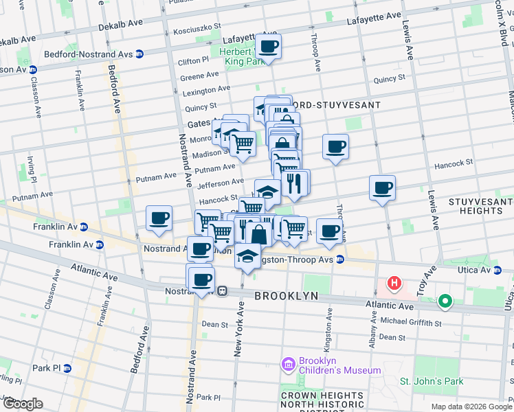 map of restaurants, bars, coffee shops, grocery stores, and more near 258 Hancock Street in Brooklyn
