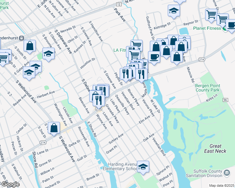map of restaurants, bars, coffee shops, grocery stores, and more near 274 East Montauk Highway in Lindenhurst