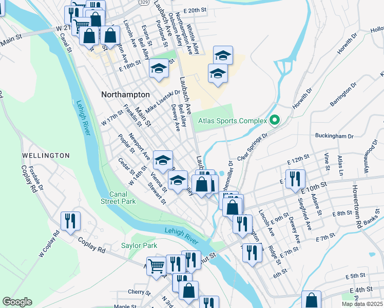 map of restaurants, bars, coffee shops, grocery stores, and more near 1339 Washington Avenue in Northampton