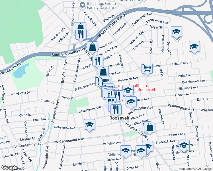 map of restaurants, bars, coffee shops, grocery stores, and more near 420 Nassau Road in Roosevelt