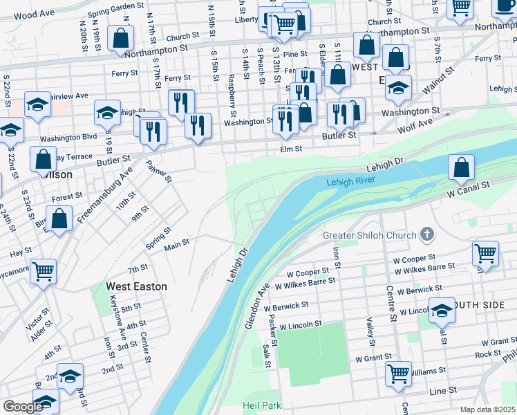map of restaurants, bars, coffee shops, grocery stores, and more near 1406 Lynn Street in Easton
