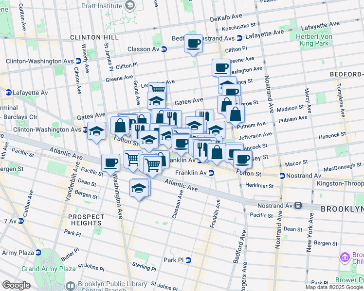 map of restaurants, bars, coffee shops, grocery stores, and more near 535 Classon Avenue in Brooklyn