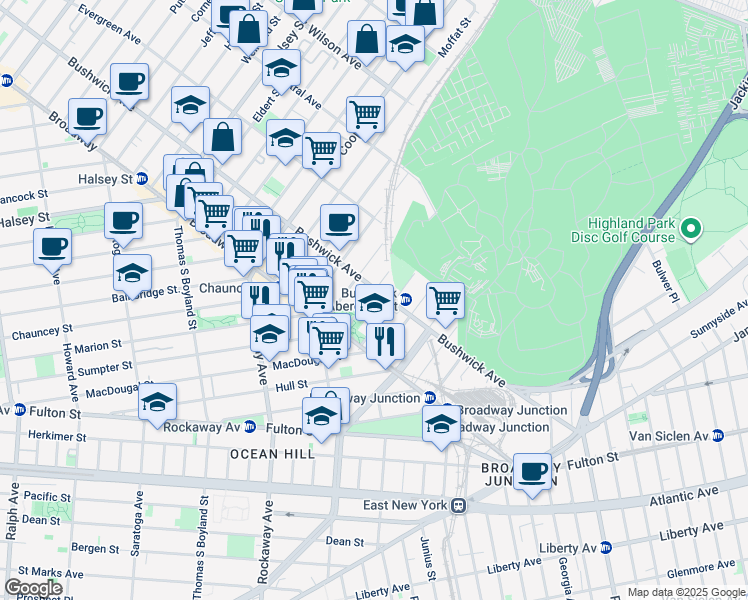 map of restaurants, bars, coffee shops, grocery stores, and more near 1503 Bushwick Avenue in Brooklyn