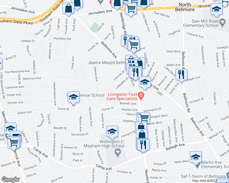 map of restaurants, bars, coffee shops, grocery stores, and more near 2303 Lafayette Street in North Bellmore