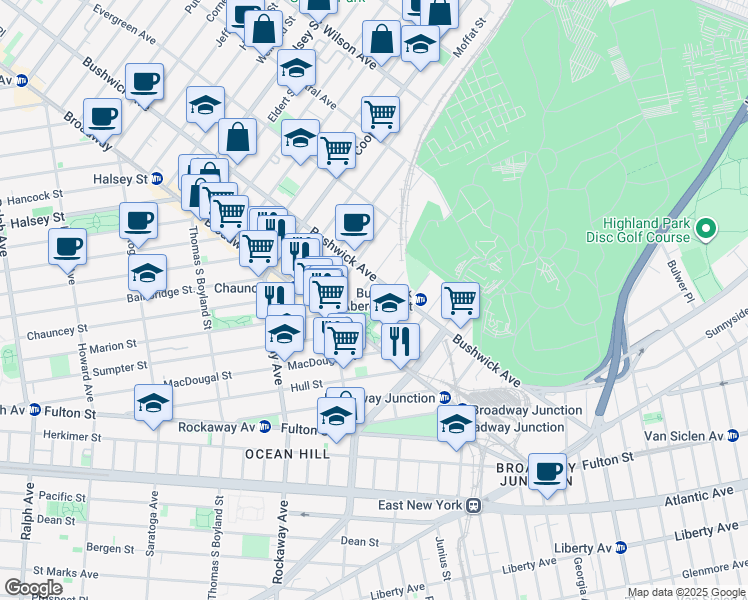map of restaurants, bars, coffee shops, grocery stores, and more near 1503 Bushwick Avenue in Brooklyn