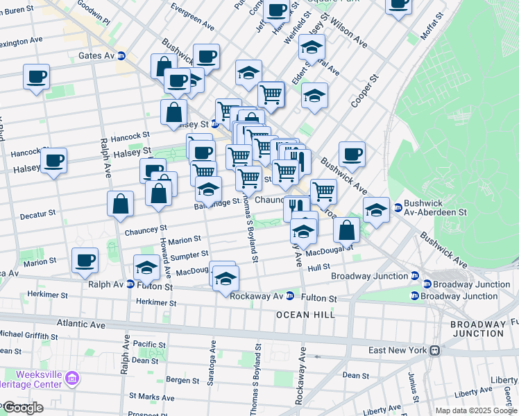 map of restaurants, bars, coffee shops, grocery stores, and more near 569 Bainbridge Street in Brooklyn