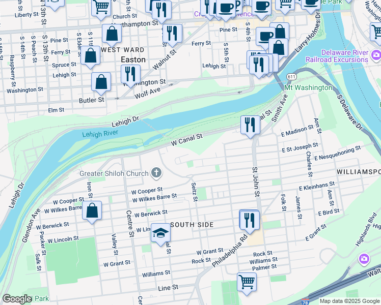 map of restaurants, bars, coffee shops, grocery stores, and more near 399 West Saint Joseph Street in Easton