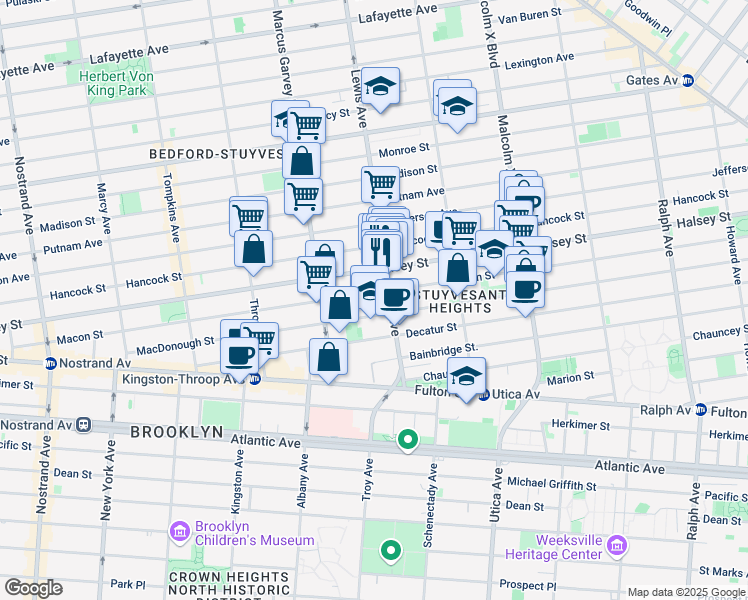 map of restaurants, bars, coffee shops, grocery stores, and more near 365 Lewis Avenue in Brooklyn