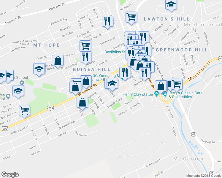 map of restaurants, bars, coffee shops, grocery stores, and more near 618 Mahantongo Street in Pottsville
