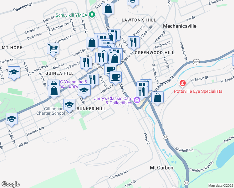 map of restaurants, bars, coffee shops, grocery stores, and more near South 2nd Street in Pottsville