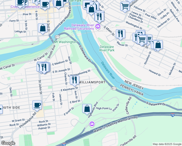 map of restaurants, bars, coffee shops, grocery stores, and more near 417 East Nesquehoning Street in Easton