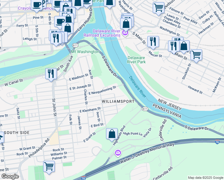 map of restaurants, bars, coffee shops, grocery stores, and more near 358 East Nesquehoning Street in Easton