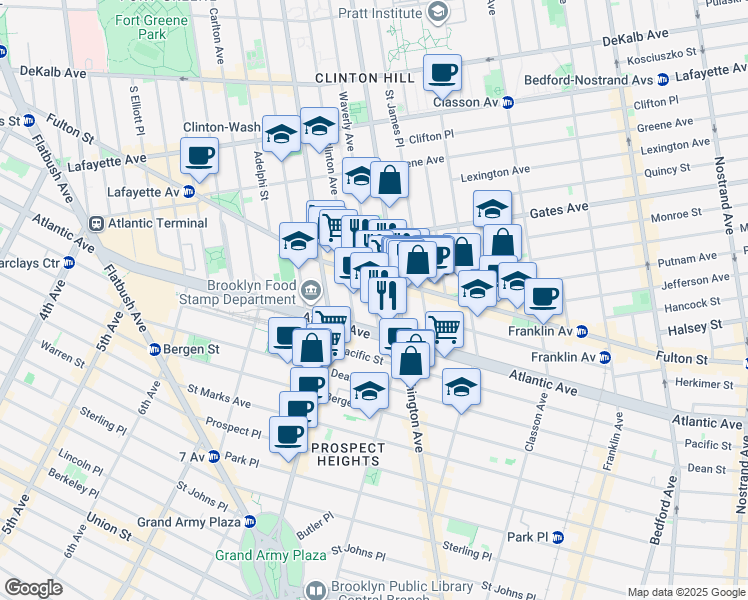 map of restaurants, bars, coffee shops, grocery stores, and more near 900 Fulton Street in Brooklyn