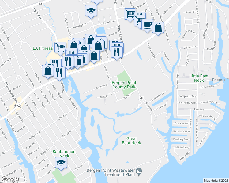 map of restaurants, bars, coffee shops, grocery stores, and more near 406 Marine Lane in West Babylon