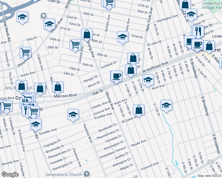 map of restaurants, bars, coffee shops, grocery stores, and more near 640 West Hoffman Avenue in Lindenhurst