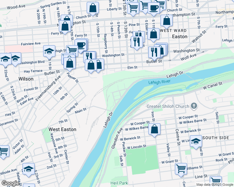 map of restaurants, bars, coffee shops, grocery stores, and more near 1406 Lynn Street in Easton