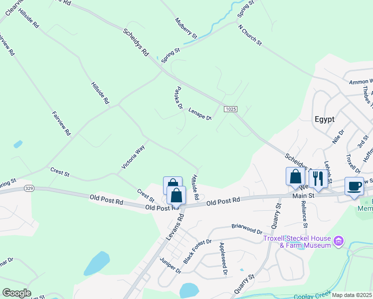 map of restaurants, bars, coffee shops, grocery stores, and more near 4447 Hillside Road in Coplay
