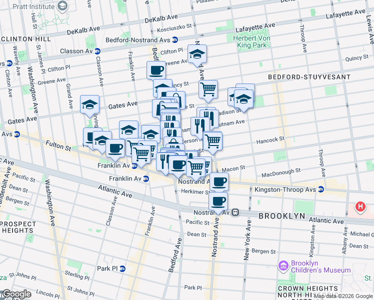 map of restaurants, bars, coffee shops, grocery stores, and more near 103 Jefferson Avenue in Brooklyn