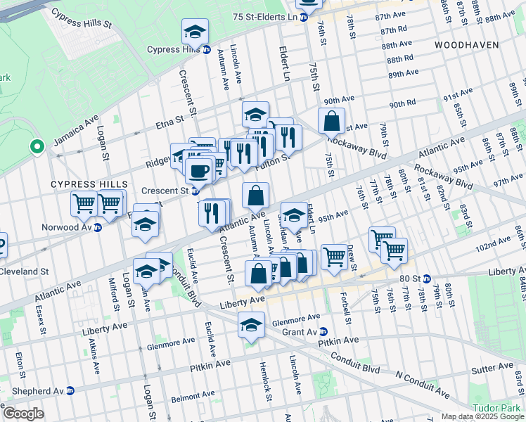 map of restaurants, bars, coffee shops, grocery stores, and more near Lincoln Ave & Atlantic Ave in Brooklyn