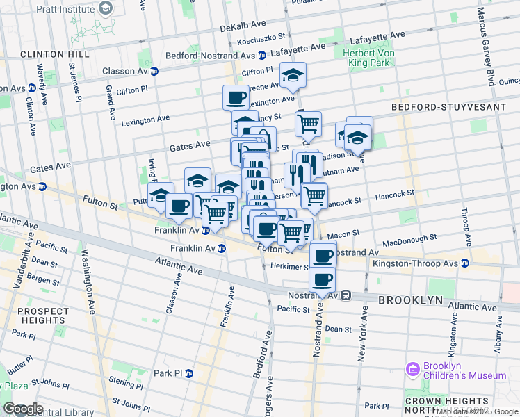 map of restaurants, bars, coffee shops, grocery stores, and more near 103 Jefferson Avenue in Brooklyn