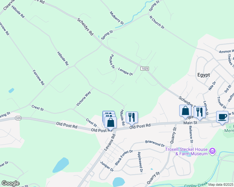 map of restaurants, bars, coffee shops, grocery stores, and more near 4447 Hillside Road in Coplay
