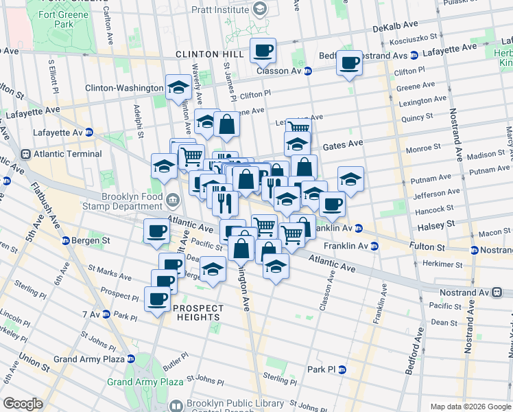 map of restaurants, bars, coffee shops, grocery stores, and more near 983 Fulton Street in Brooklyn