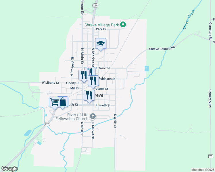 map of restaurants, bars, coffee shops, grocery stores, and more near 265 East Robinson Street in Shreve