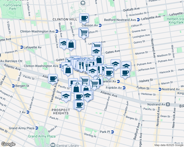 map of restaurants, bars, coffee shops, grocery stores, and more near 1015 Fulton Street in Brooklyn