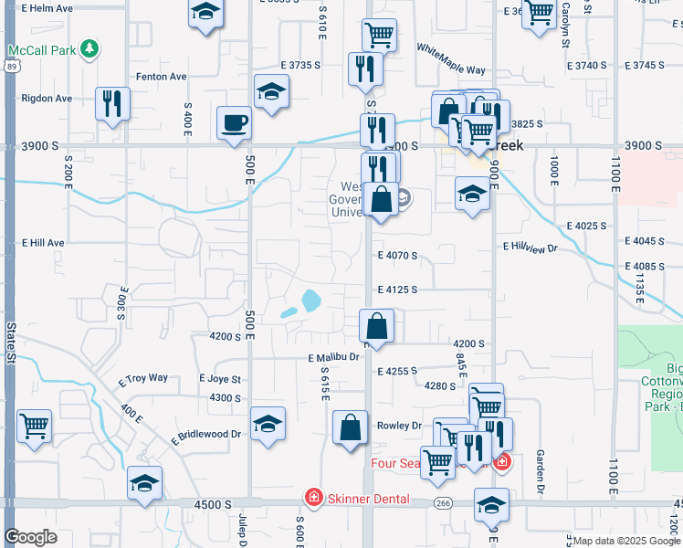 map of restaurants, bars, coffee shops, grocery stores, and more near 646 East 4065 South in Murray