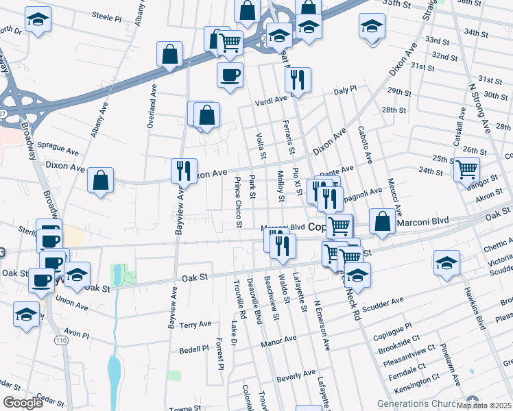 map of restaurants, bars, coffee shops, grocery stores, and more near 115 Leonardo Da Vinci Street in Copiague