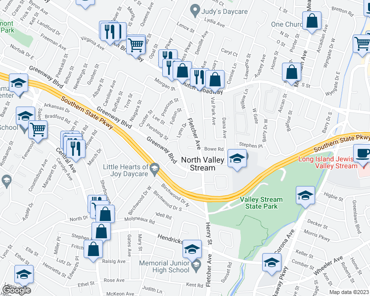 map of restaurants, bars, coffee shops, grocery stores, and more near 953 Lynn Drive in Valley Stream