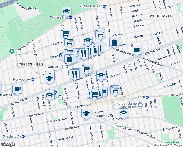 map of restaurants, bars, coffee shops, grocery stores, and more near 295 Lincoln Avenue in Brooklyn