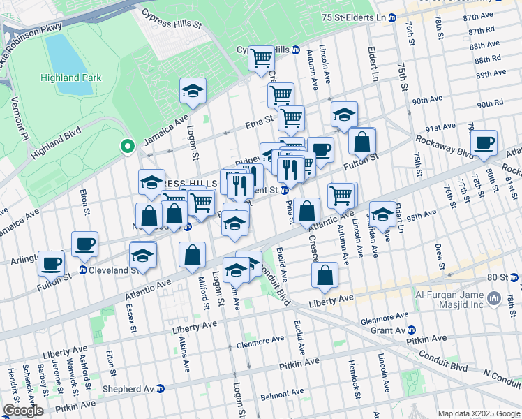 map of restaurants, bars, coffee shops, grocery stores, and more near 3249 Fulton Street in Brooklyn