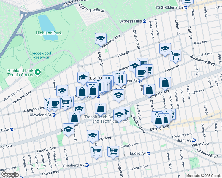 map of restaurants, bars, coffee shops, grocery stores, and more near 155 Logan Street in Brooklyn