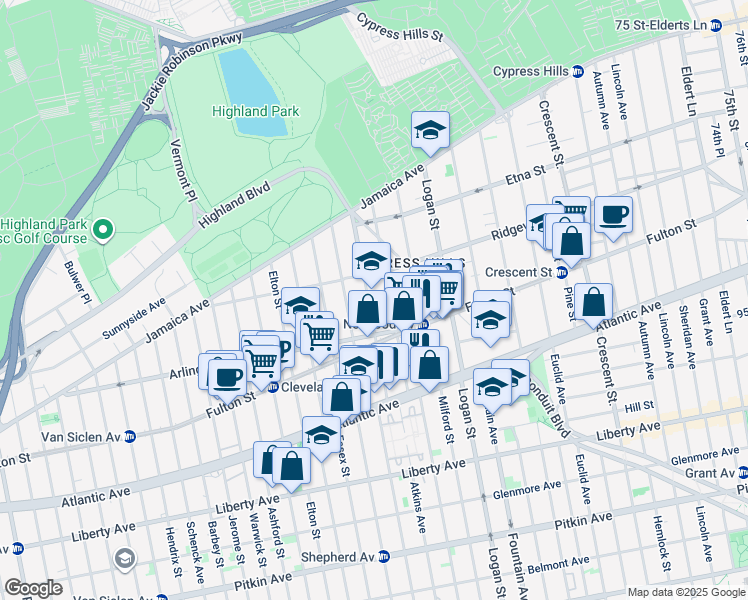 map of restaurants, bars, coffee shops, grocery stores, and more near 88 Hale Avenue in Brooklyn