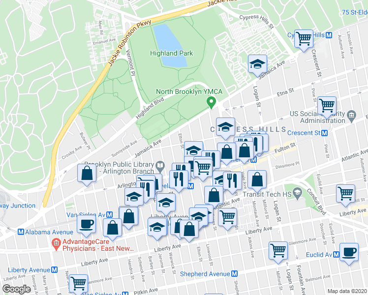 map of restaurants, bars, coffee shops, grocery stores, and more near 95 Ridgewood Avenue in Brooklyn